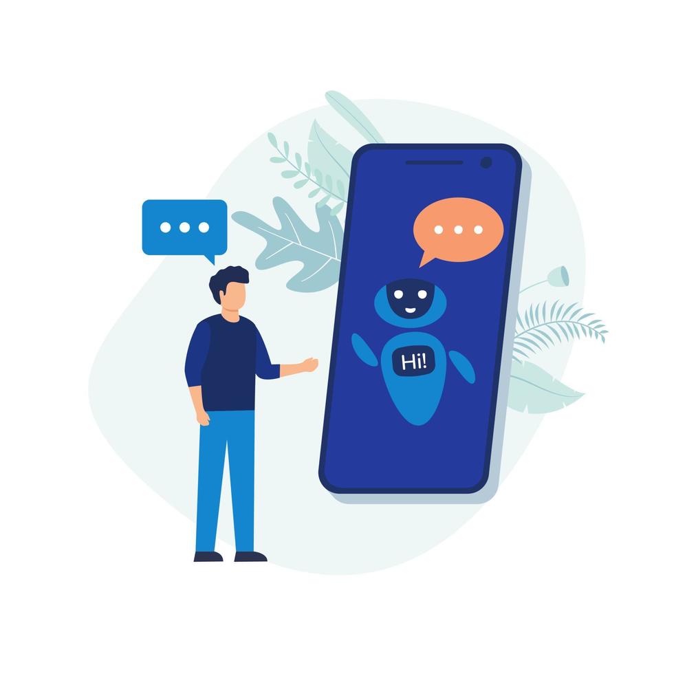 concepto de chatbot. hombre hablando con robot. robot de servicio de atención al cliente, diálogo de inteligencia artificial. vector