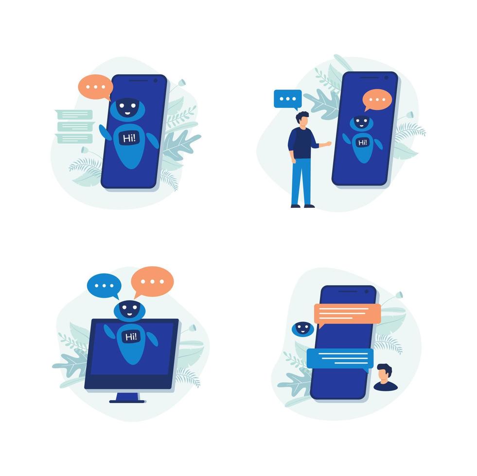 Chatting bot. Set of modern flat design people icons of chat bot, robot, speak, phone, customer service, personal assistant, chatbot. vector