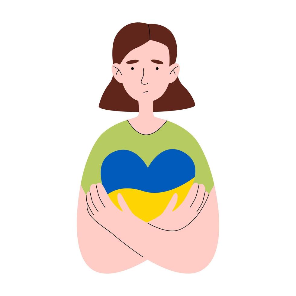 Girl hugs a heart with the colors of the flag of Ukraine.  No war. Ukraine in the heart. Support against fighting. Vector flat illustration.