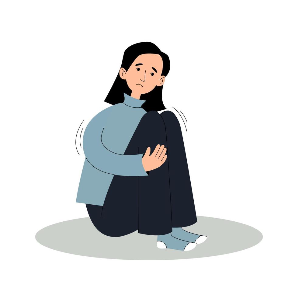 Sad woman in depression sits hugging his knees. Concept mental disorders, anxiety, depression, bipolar disorder, bpd. Vector illustration in flat style isolated on a white background.