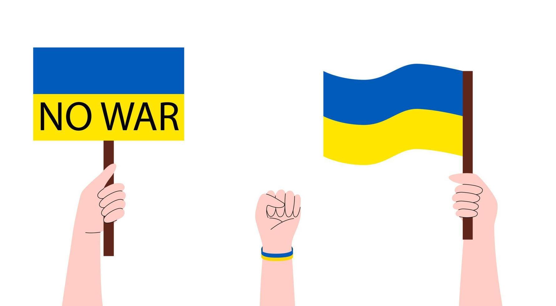 Persons holding banners, flag Ukrainian. No war. Anti-war demonstration. Stay with Ukraine concept. Support. Vector illustration isolated on white background
