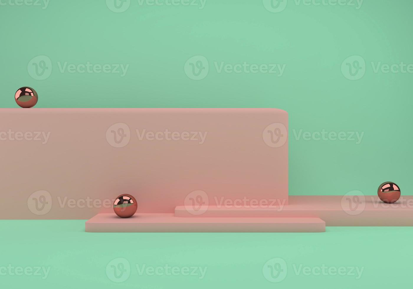 3d rendering studio with geometric shapes, podium on the floor. Platforms for product presentation, mock up background. photo