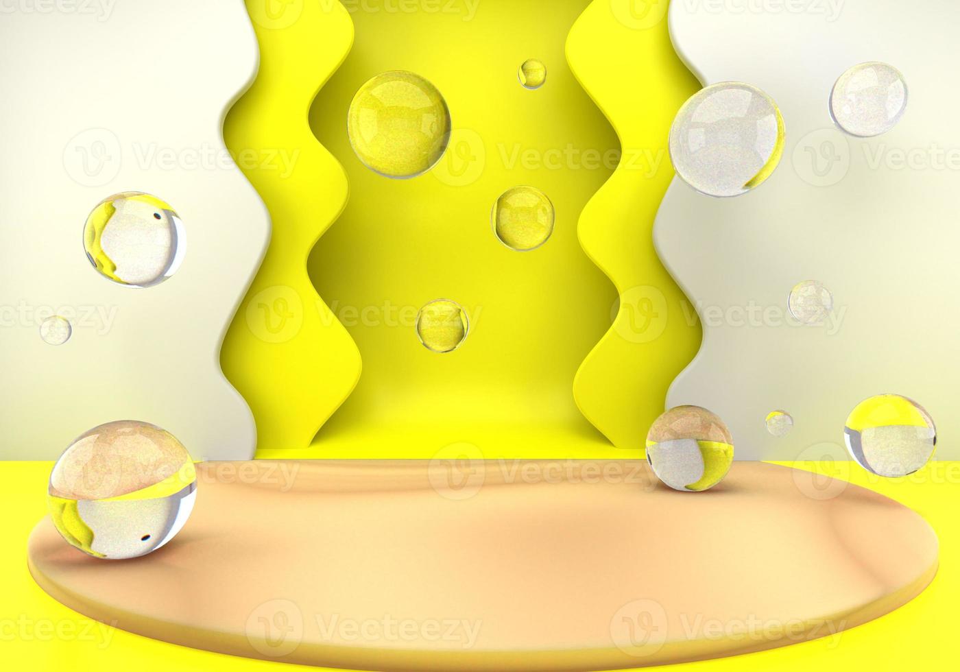Podium with soap bubbles. Pastel gradients luxury podium for your design with paper waves. Fashion show stage,pedestal. Empty scene for mock up. 3d. photo