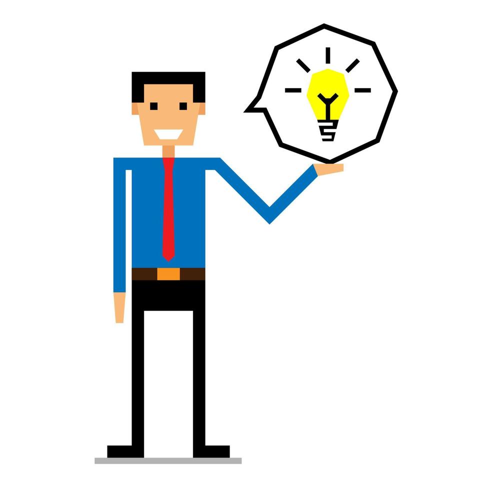 a skinny man is talking about his idea with a smiling face and a light bulb beside him, pixel style vector