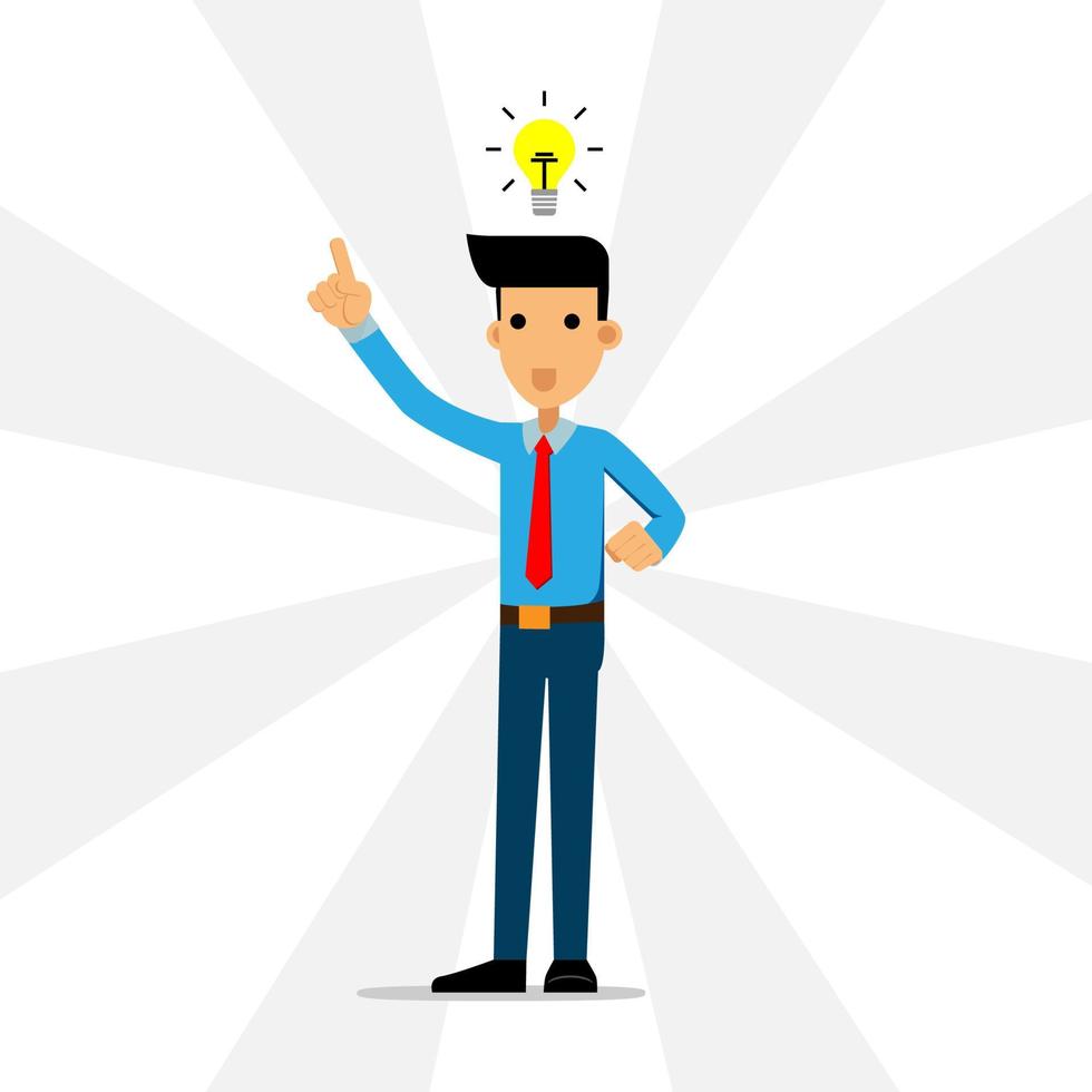 a businessman raises his hand up and a light bulb lights up above his head which illustrates he has a brilliant idea for the continuity of his business vector