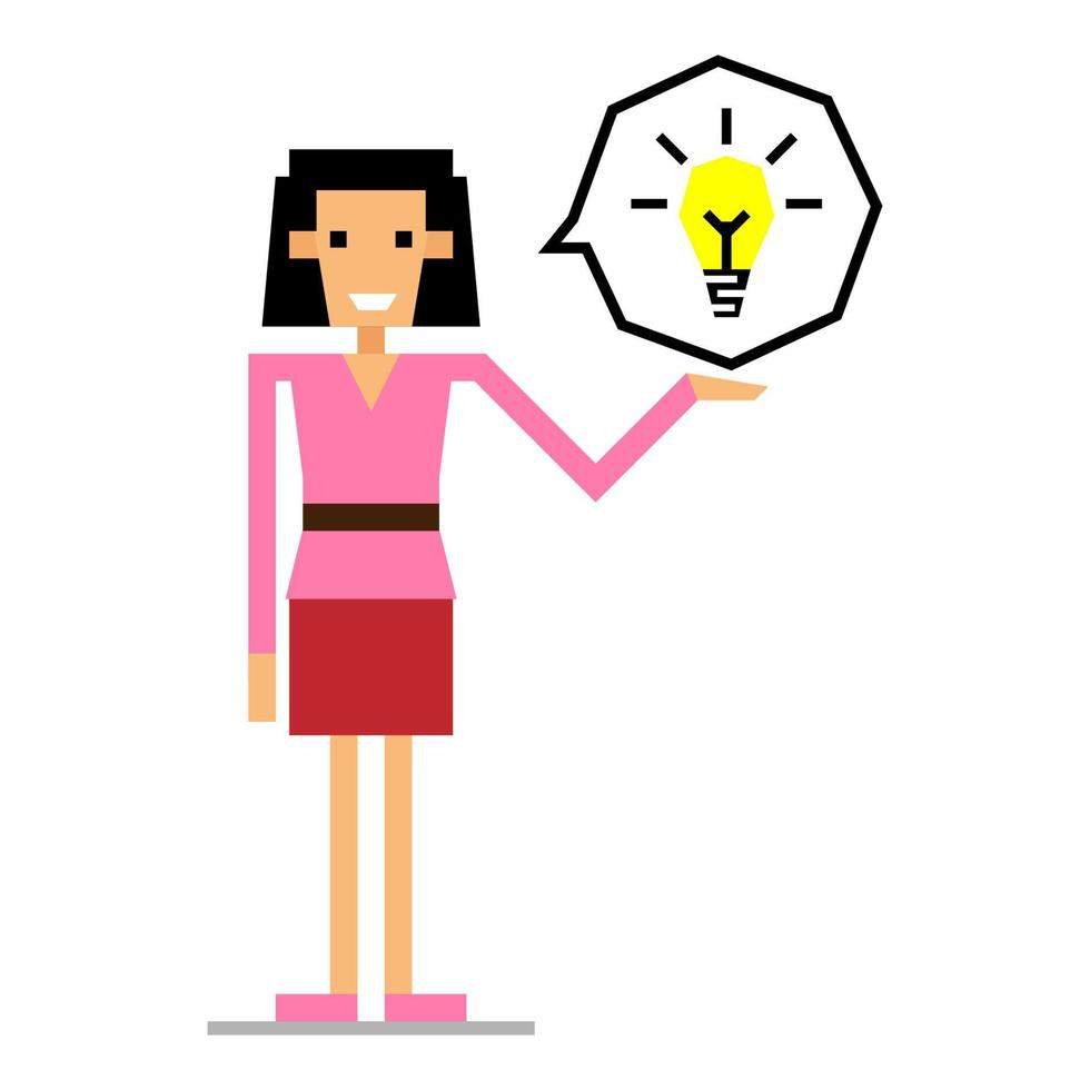 a skinny businesswoman is talking about her idea with a smiling face and a light bulb beside her vector