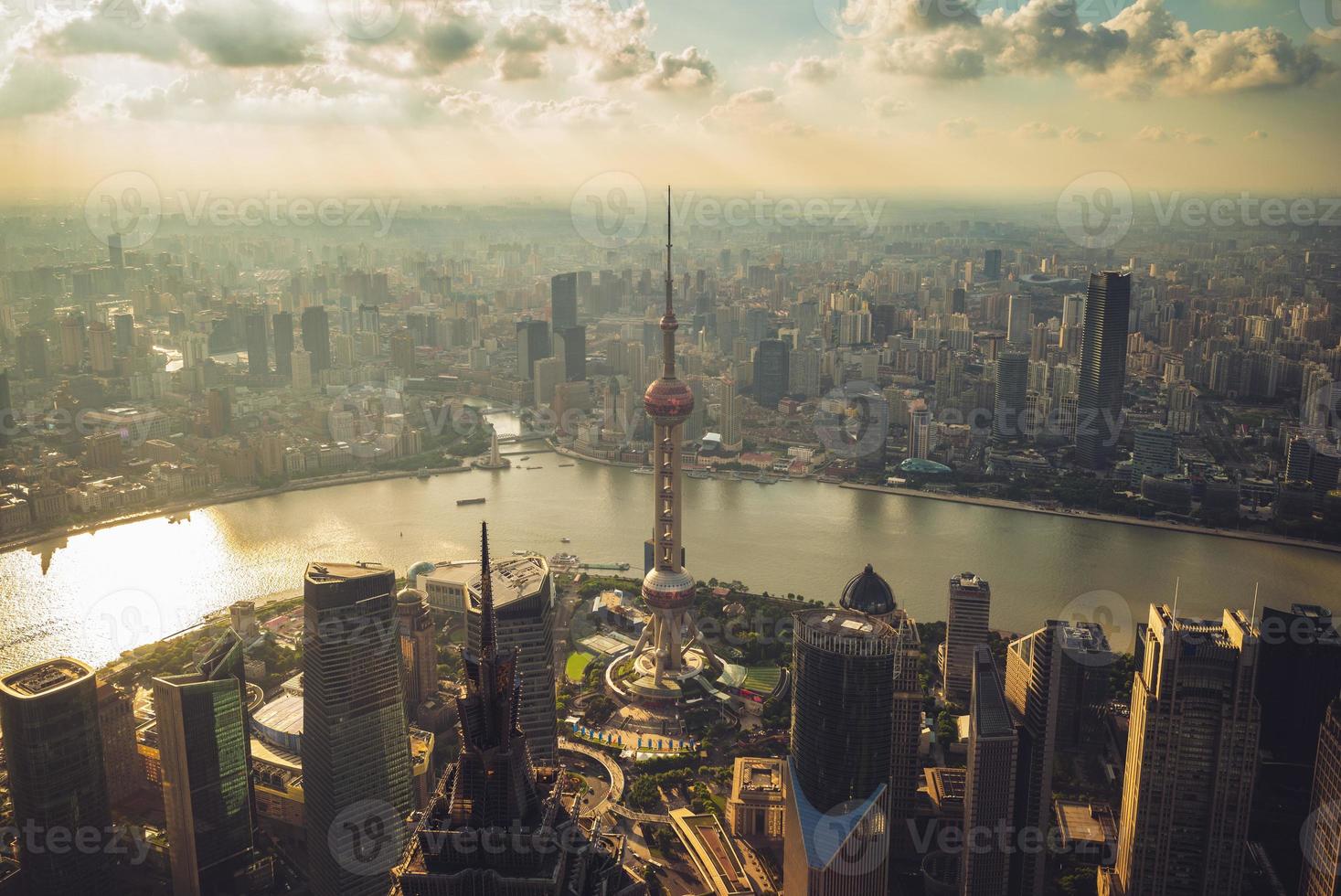 skyline of lujiazui district of shanghai city in china at dusk photo