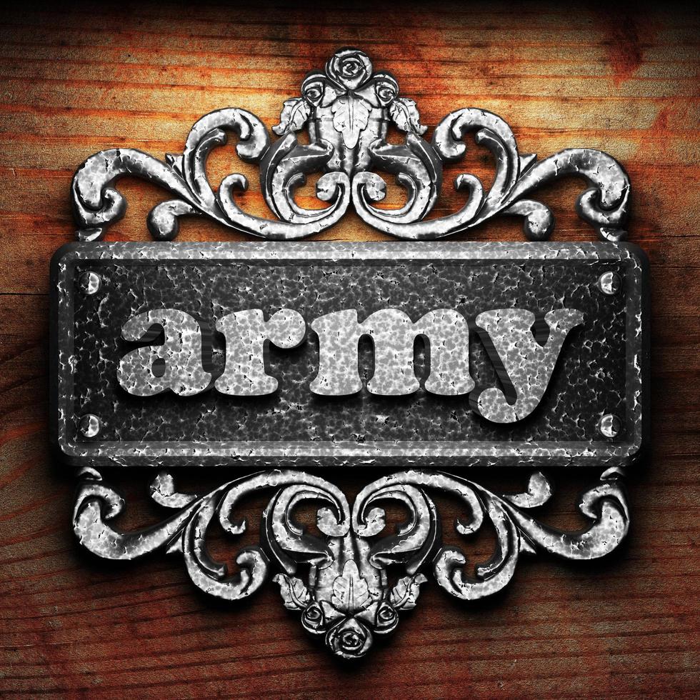 army word of iron on wooden background photo