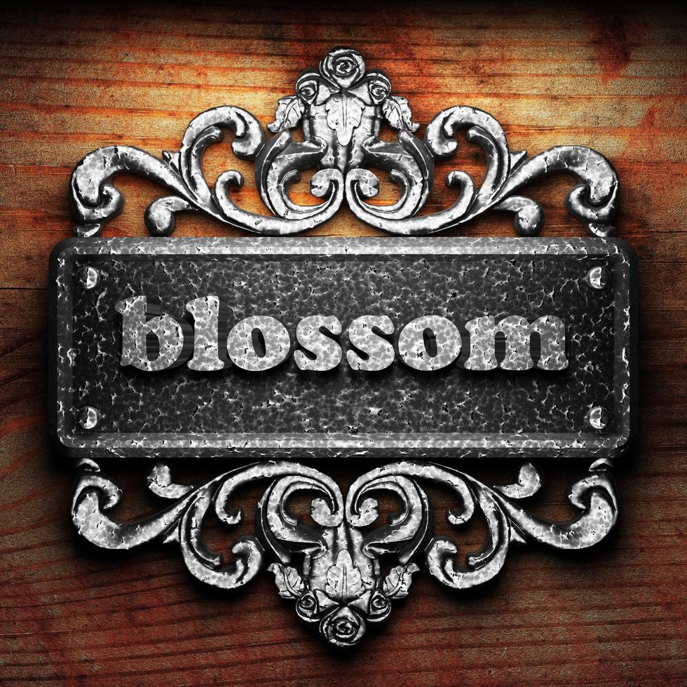 blossom word of iron on wooden background photo