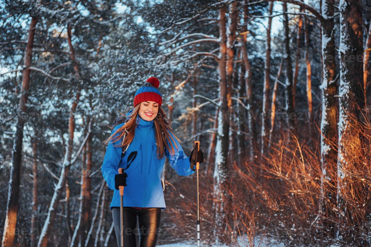 Woman Traveler with backpack hiking Travel Lifestyle adventure concept active vacations outdoor. Beautiful landscape  forest photo