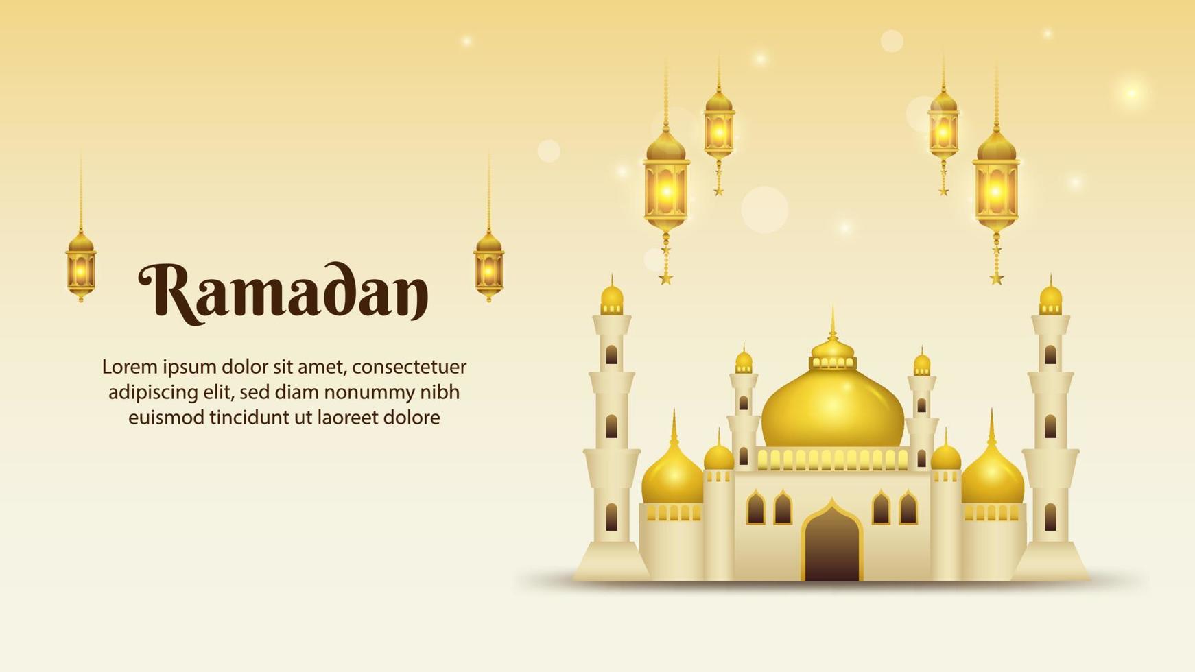 ramadan kareem background with mosque and hanging lanterns vector