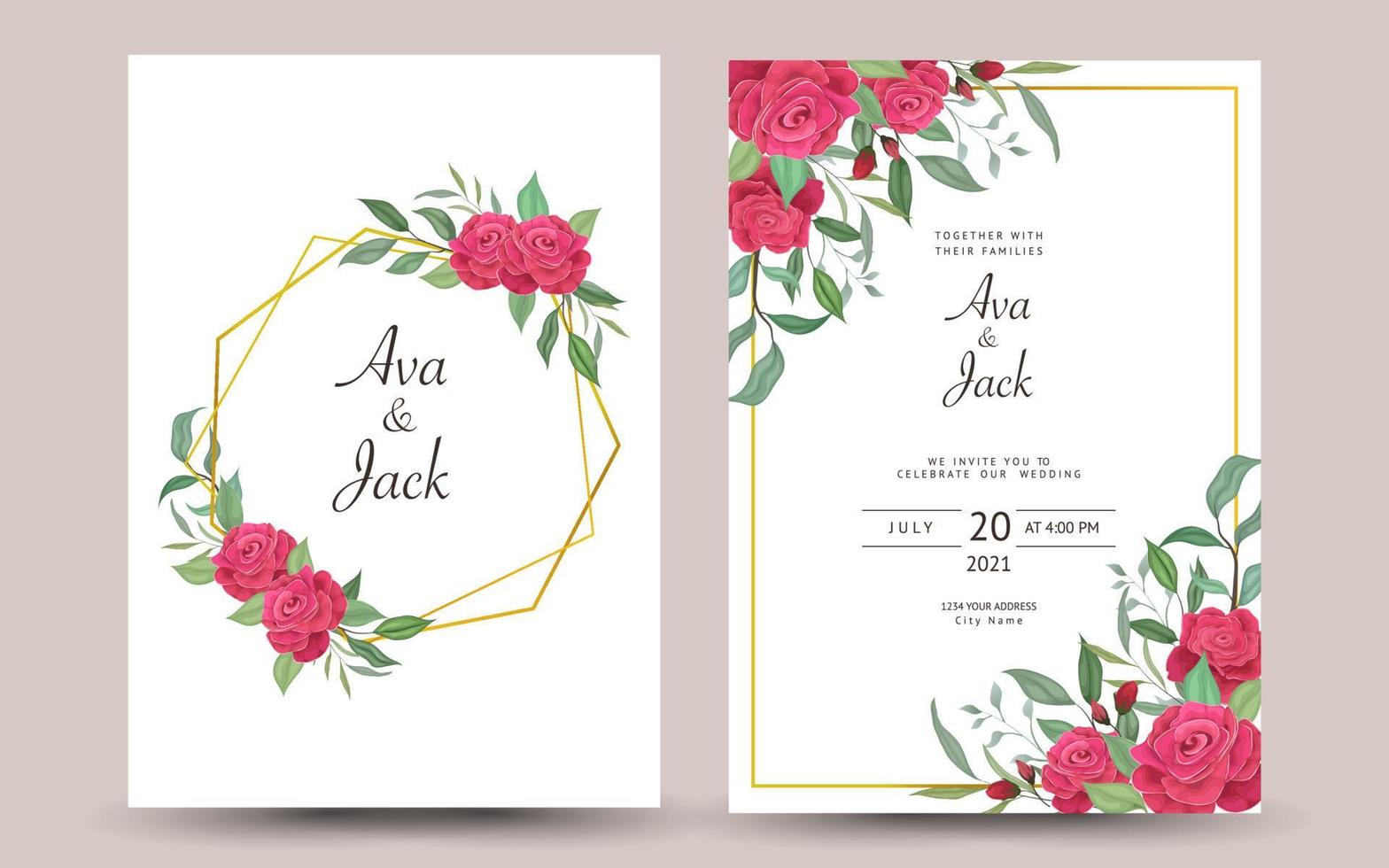 hermosa invitación de boda con diseño de fondo floral. vector