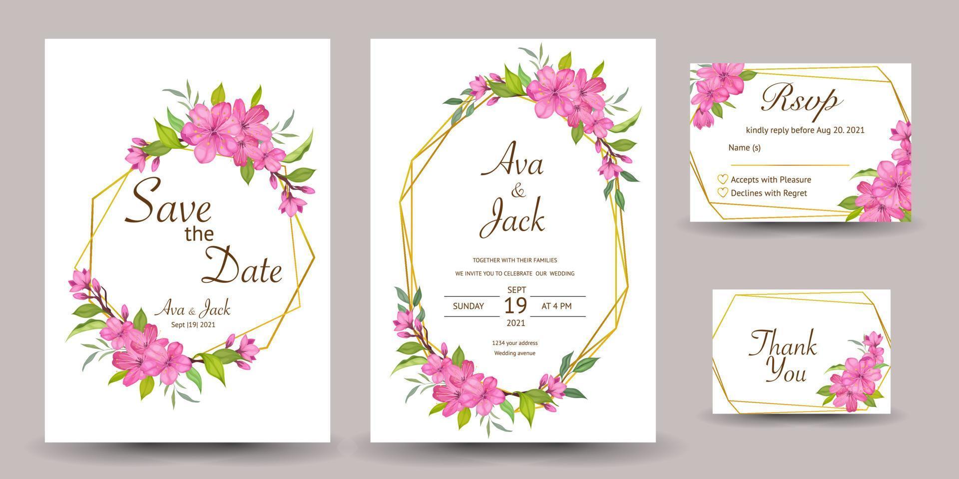 wedding invitation or greeting cards with flowers background design vector