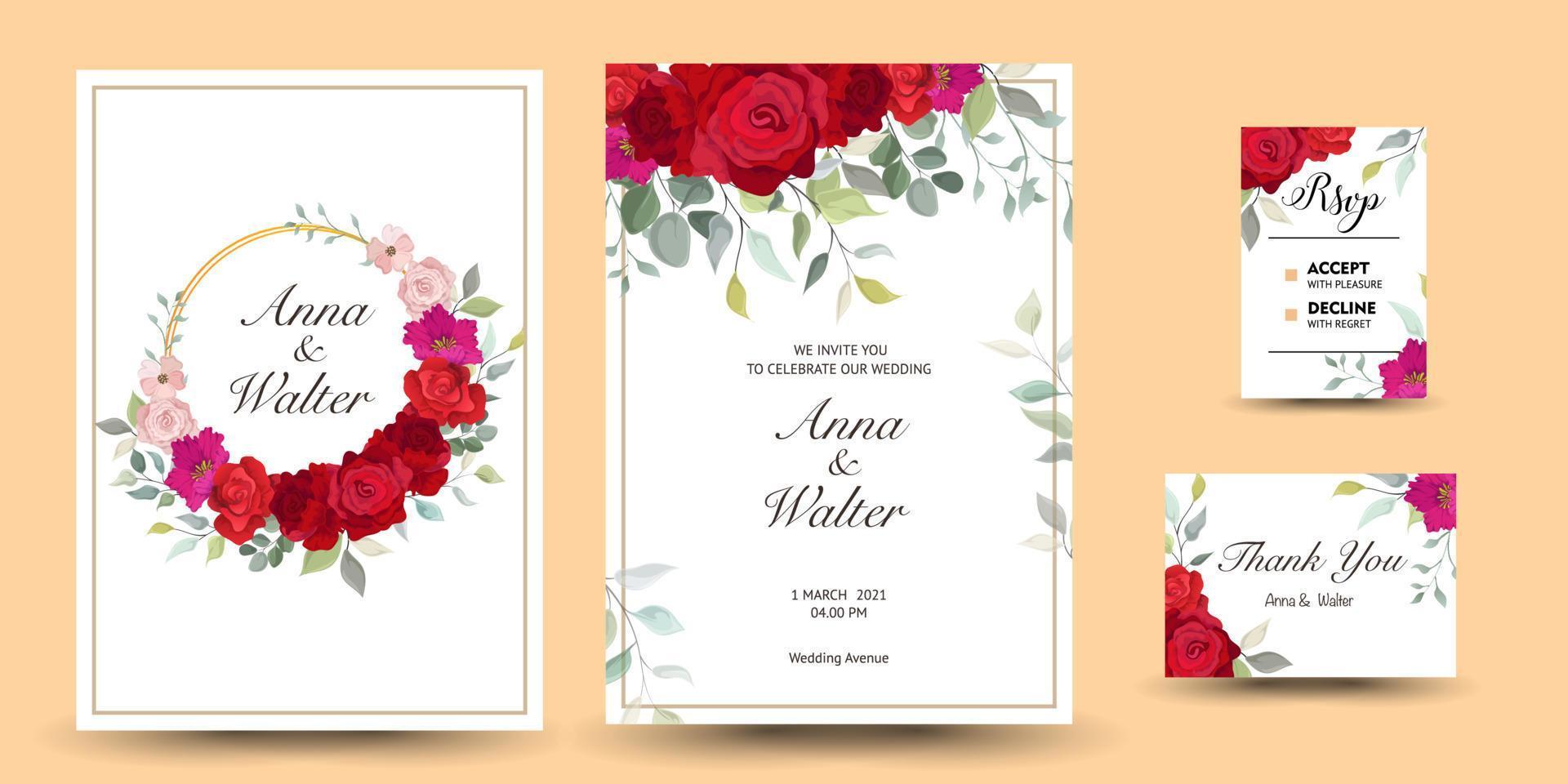 hermosa invitación de boda con fondo floral vector