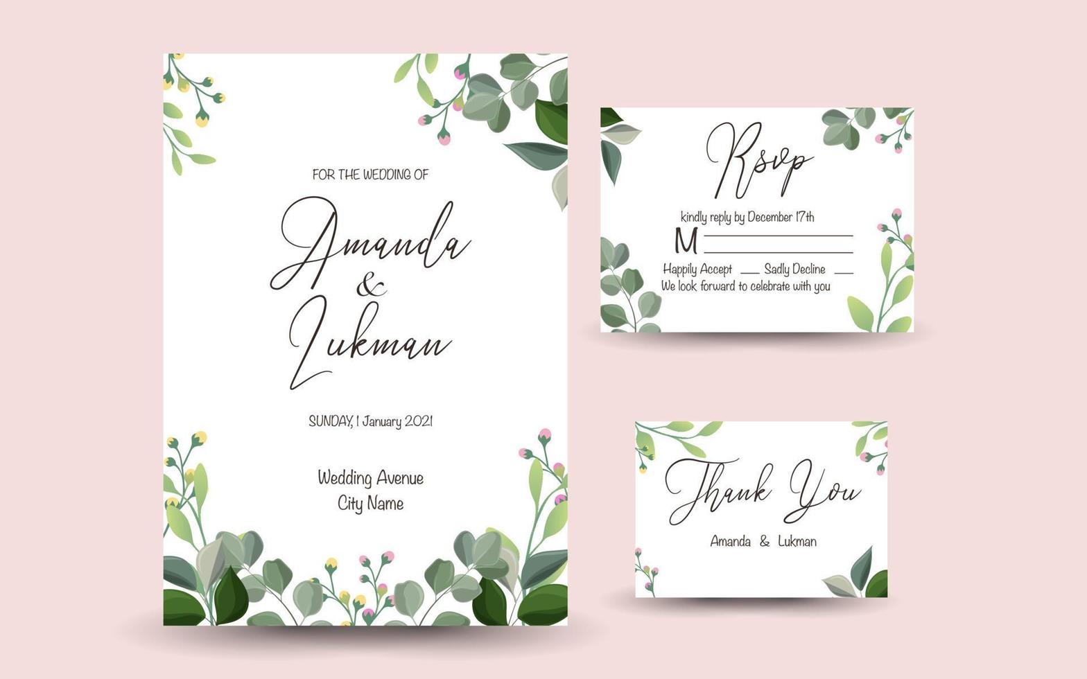 hermosa invitación de boda con fondo de diseño floral. vector