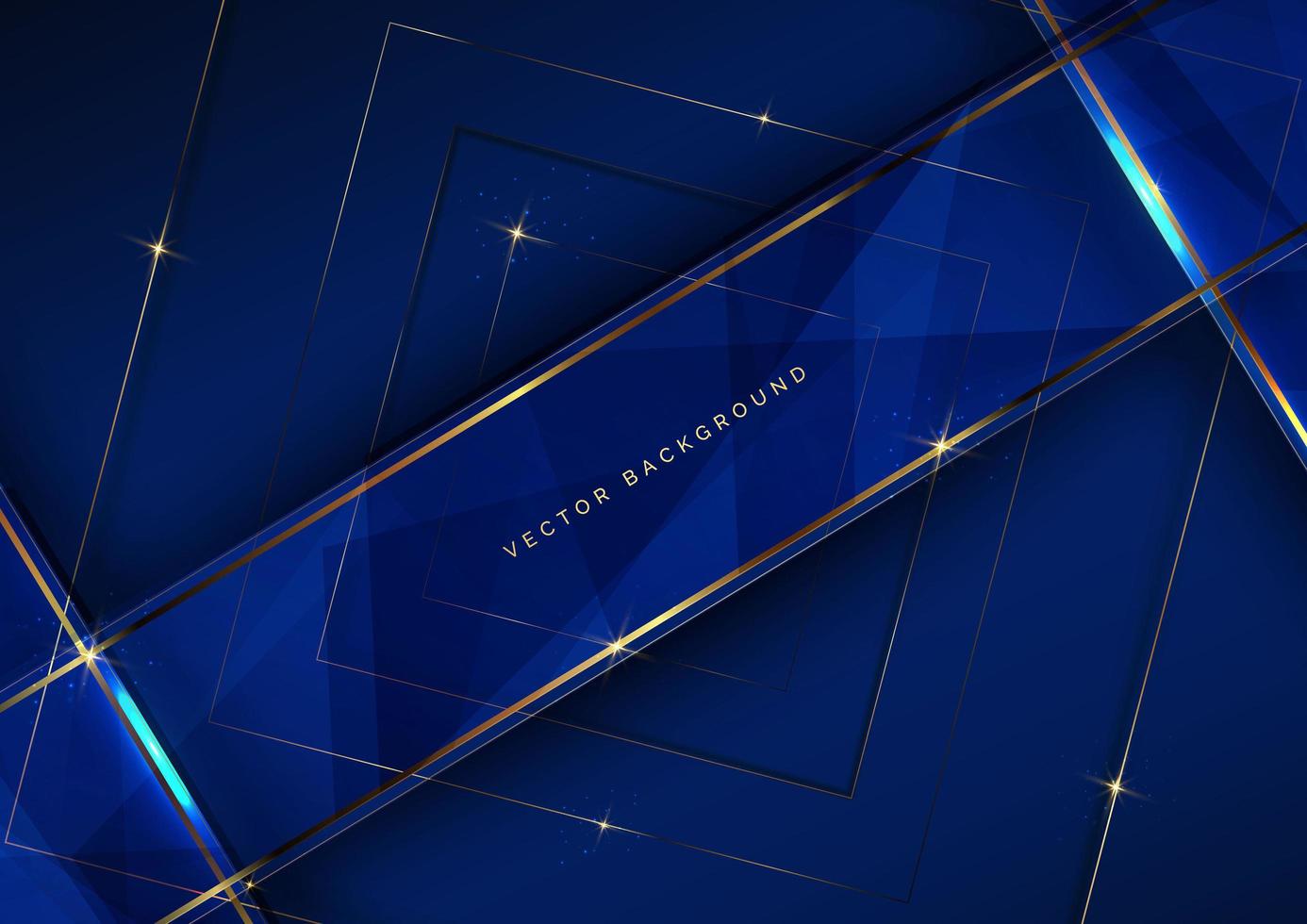 3D Dark blue luxury background with glowing golden square border lines with sparkles with copy space for text. vector