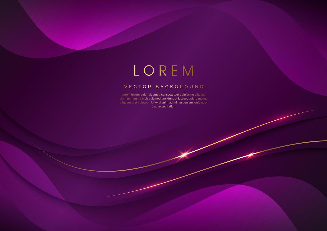 Luxury concept template 3d violet curve shape on violet elegangt background and golden ribbon line with copy space for text. vector