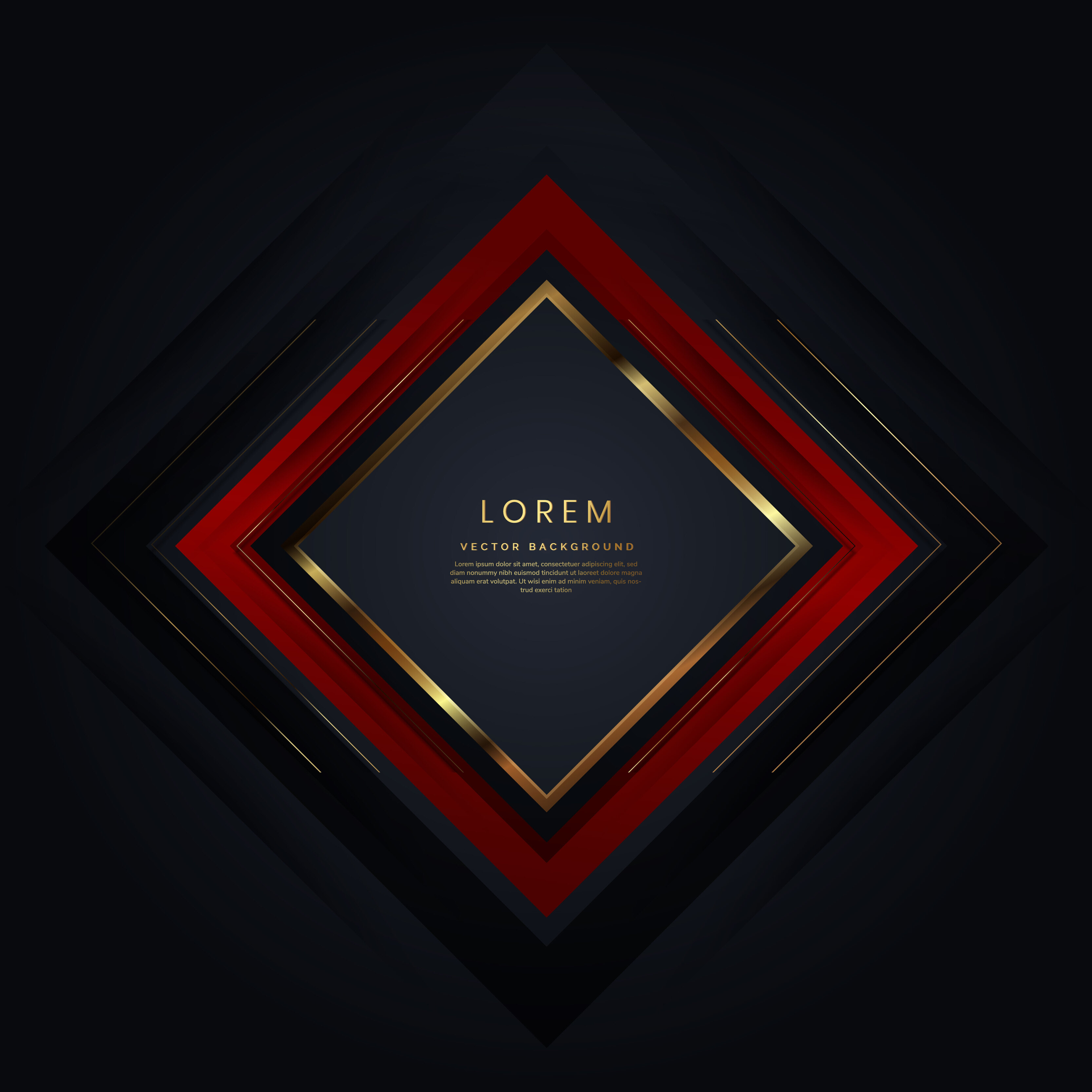 fondo cuadrado geométrico negro y rojo abstracto con líneas doradas