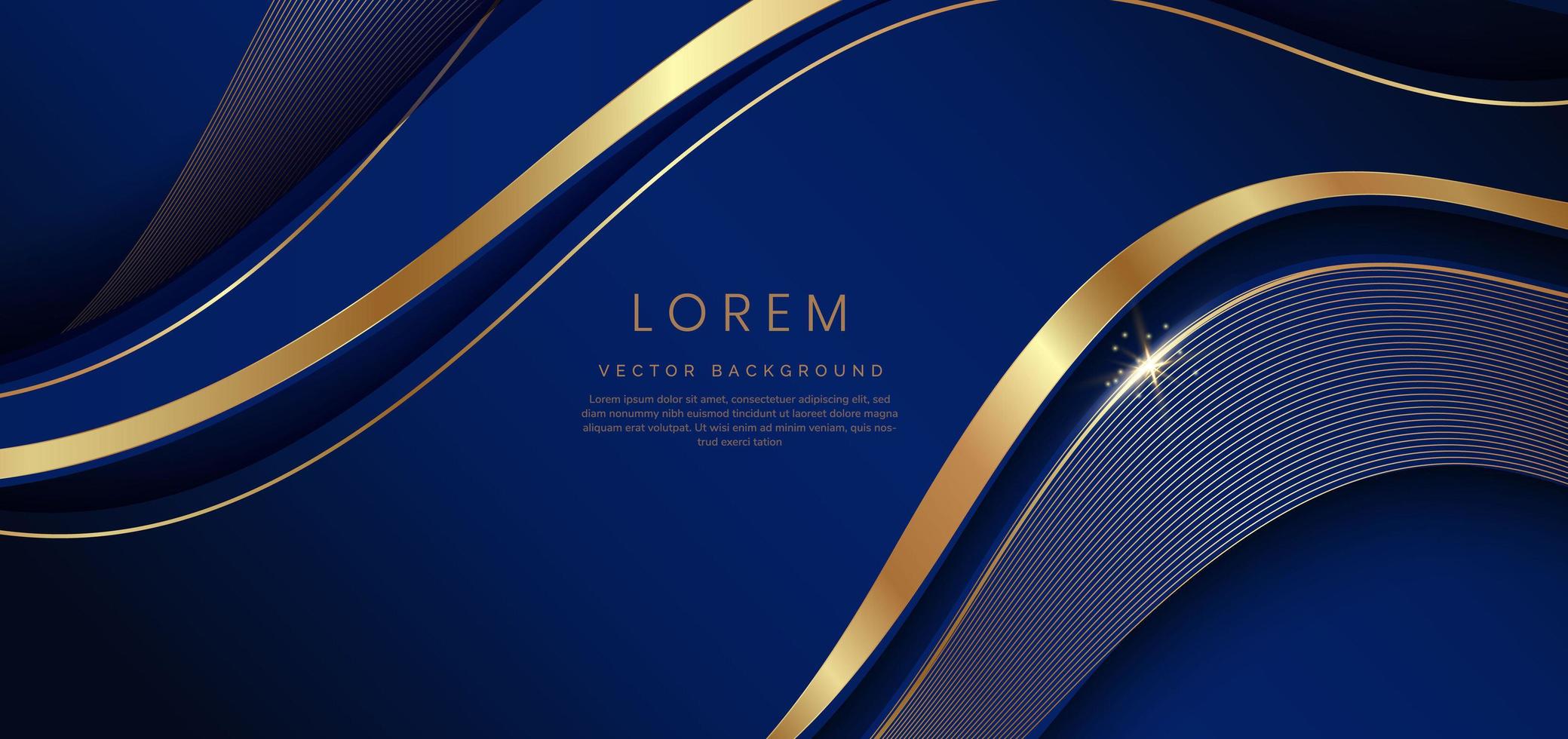 Abstract 3d dark blue background with ribbon gold lines curved wavy sparkle with copy space for text. vector