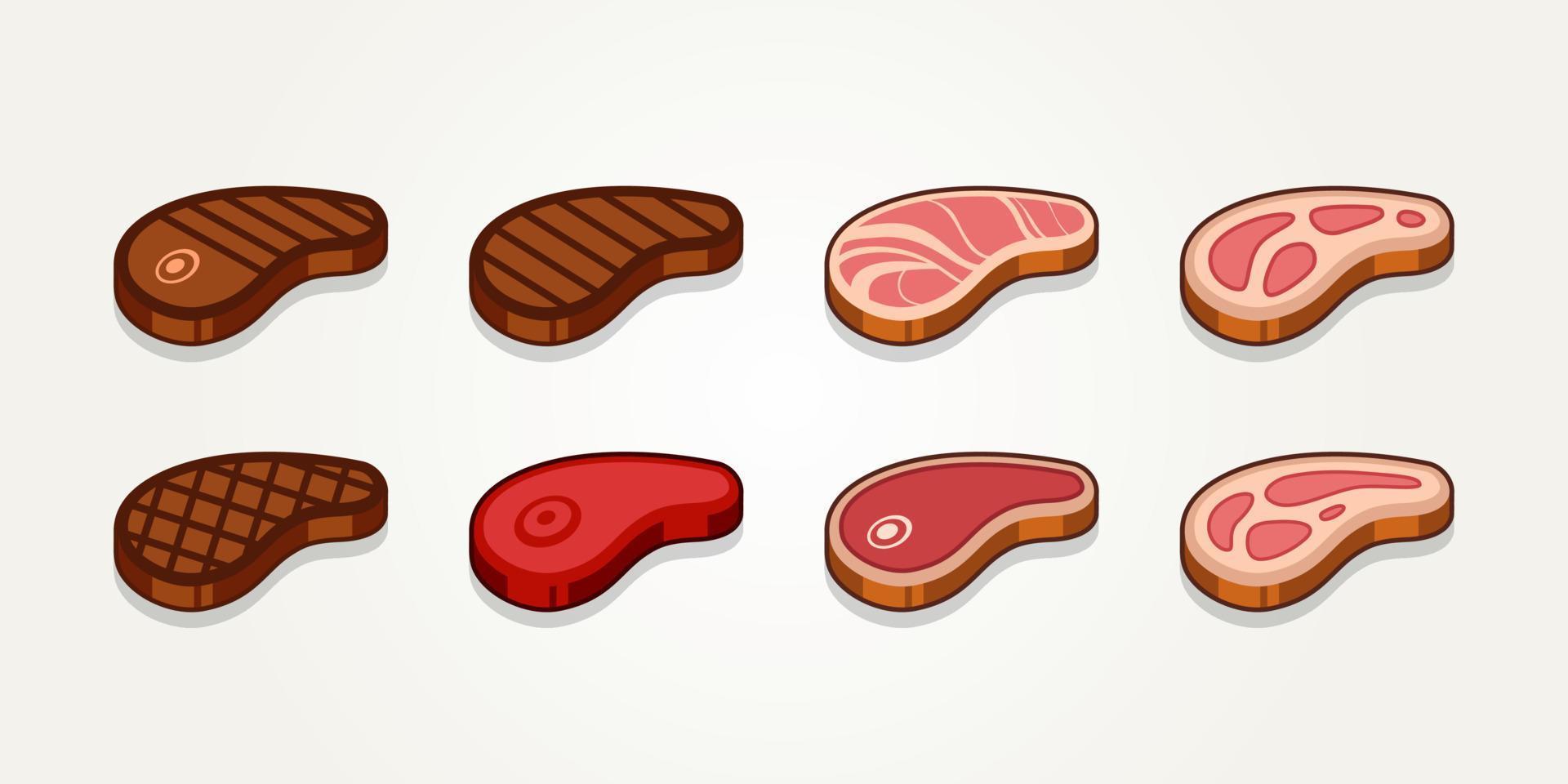 set of raw meat and grilled beef steak icons vector