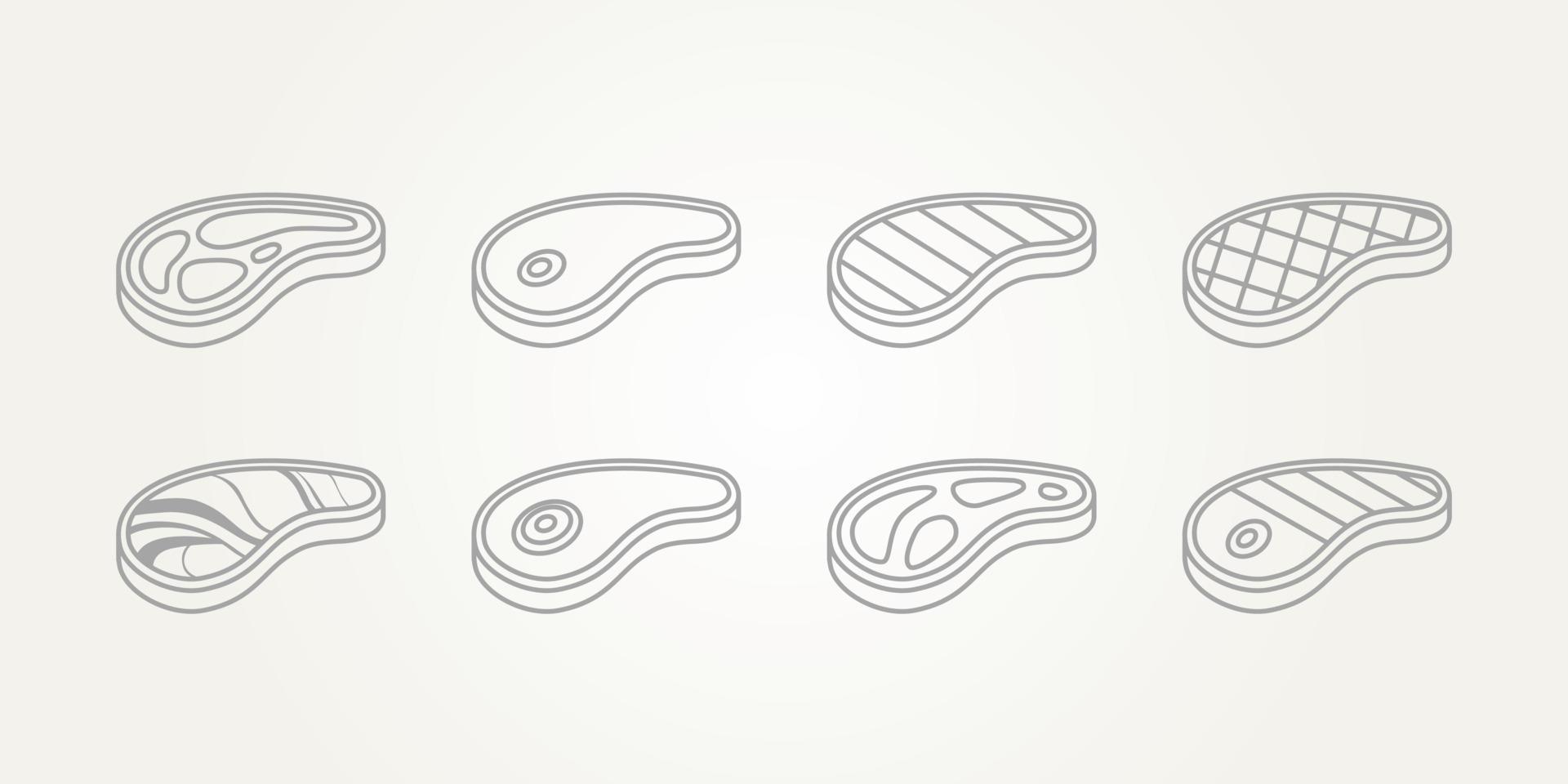 set of meat and grilled beef steak line art icons vector