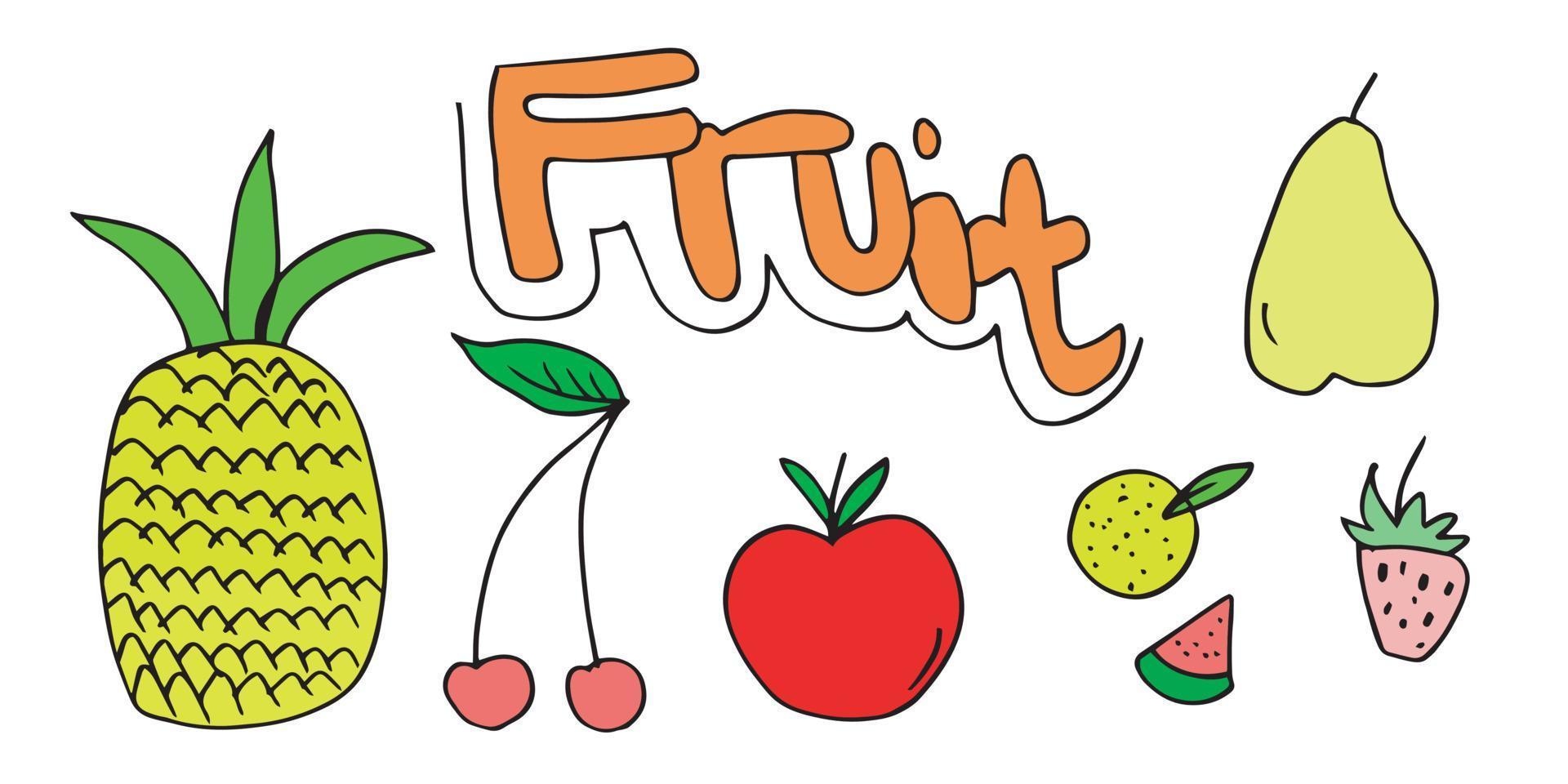 juego de frutas de fideos. dibujo a mano de frutas en diferentes estilos. vector