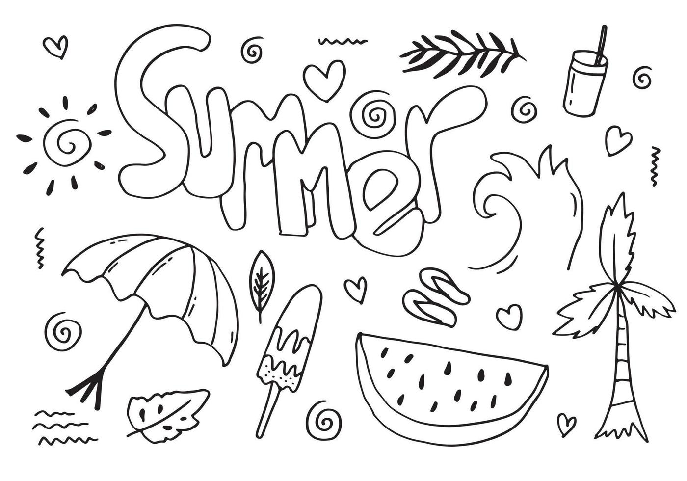 Summer collection. Vector illustration of funny doodle summer symbols isolated on white background.