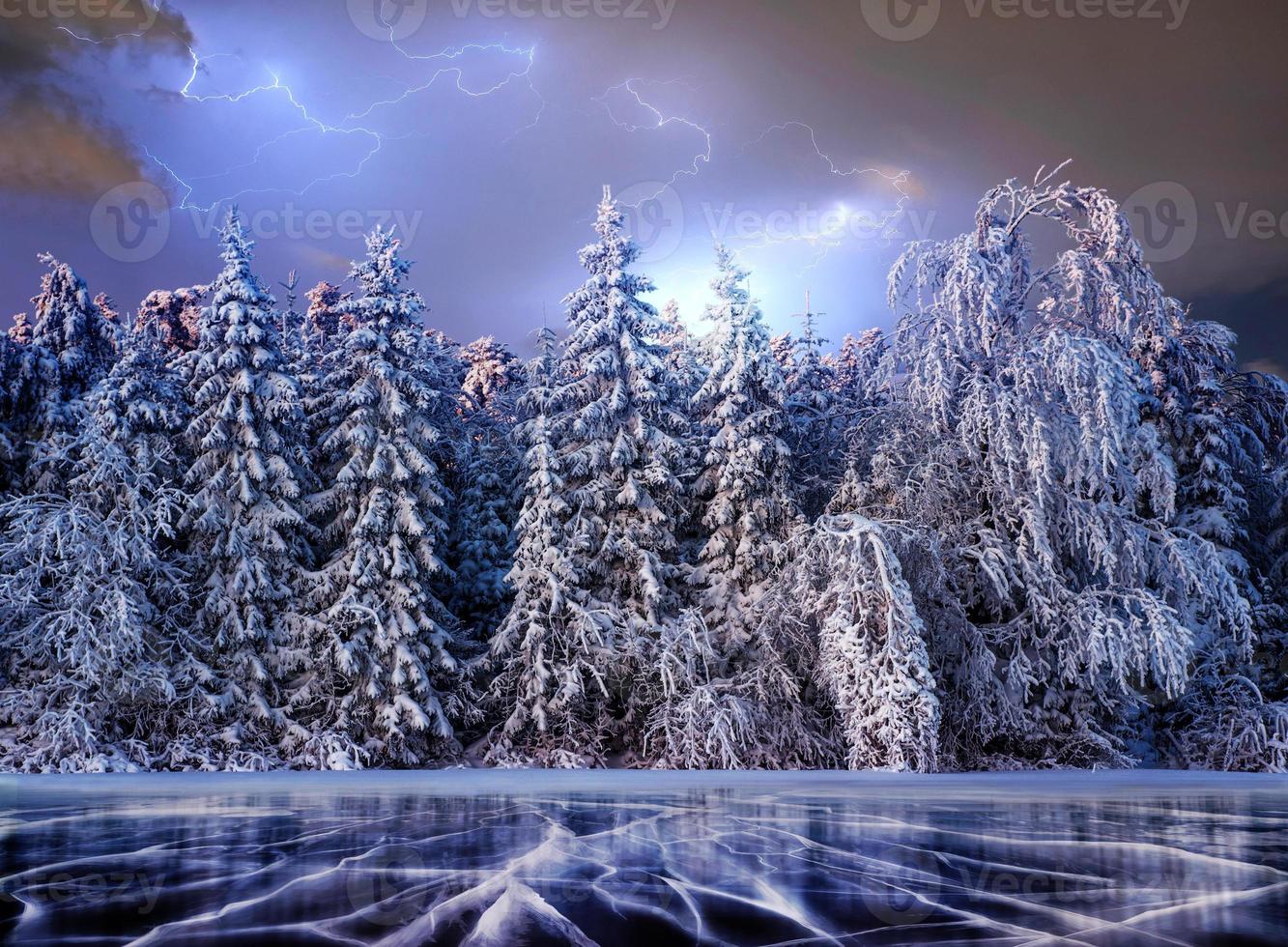 magical winter snow covered tree. Dramatic Thunderstorm Sky. The winter lake is frozen on the front photo