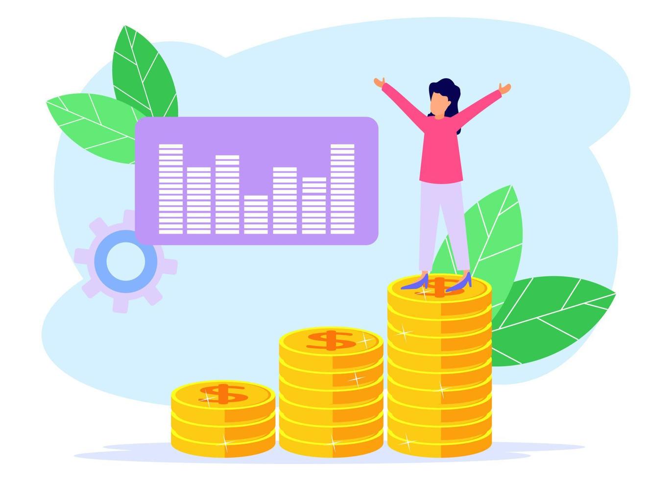Illustration vector of business concept, business progress, growth, cash gain, career path to success, little people standing on every pile of coins.