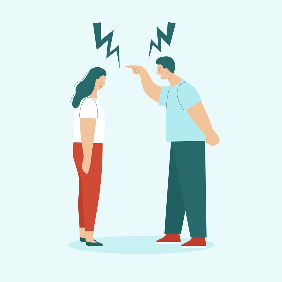 Adult man and woman quarrel. Concept of family conflicts, resentment, aggression, divorce. Husband and wife scream and swear. Flat vector illustration isolated.