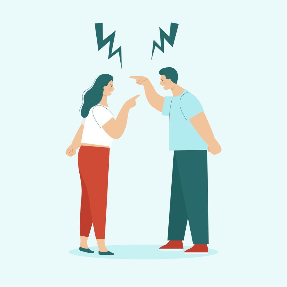 Adult man and woman quarrel. Concept of family conflicts, resentment, aggression, divorce. Husband and wife scream and swear. Flat vector illustration isolated.