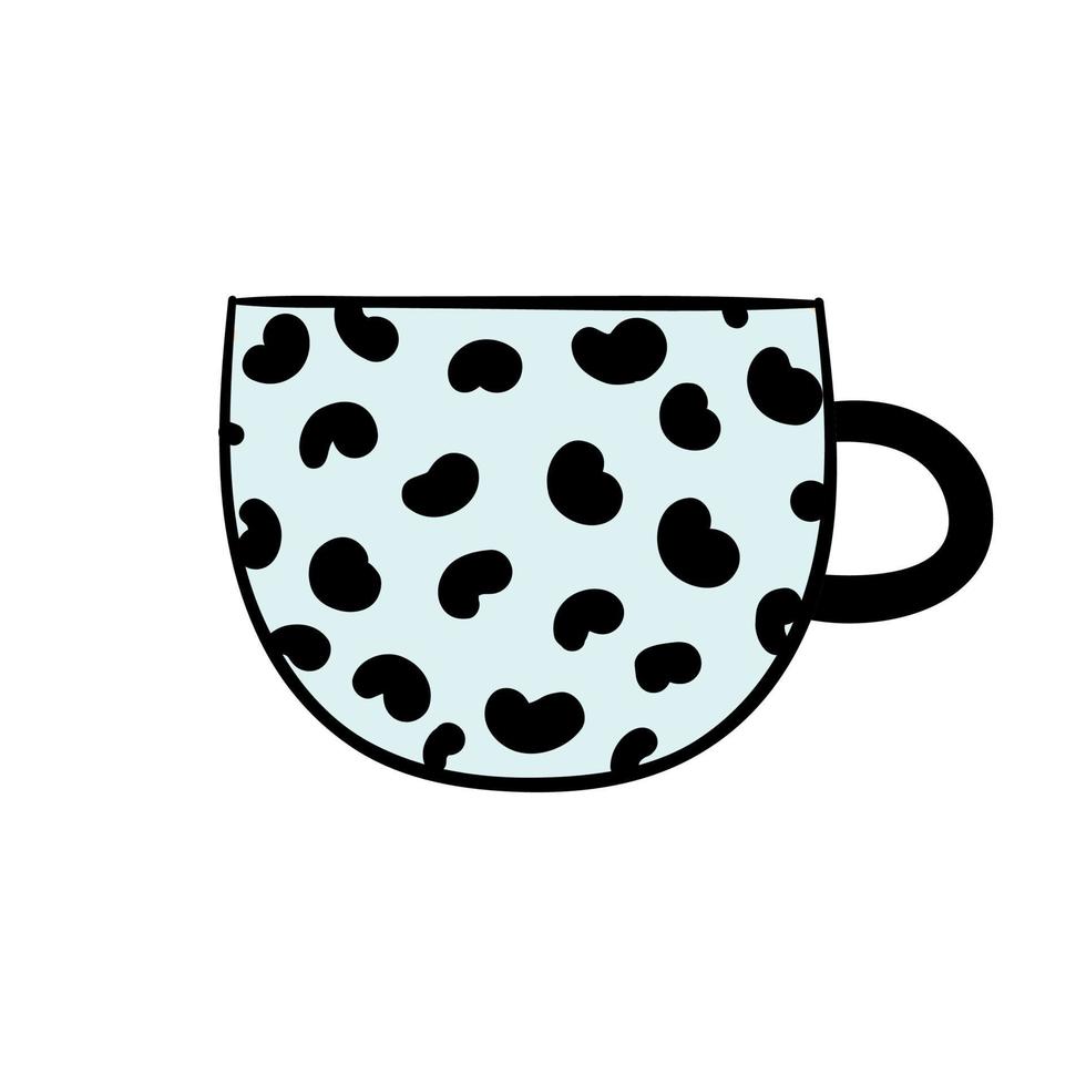 linda taza de café azul con lunares negros. ilustración de garabatos de mano vectorial para restaurante o cafetería. buenos días, desayuno, bebida, café, té. vector