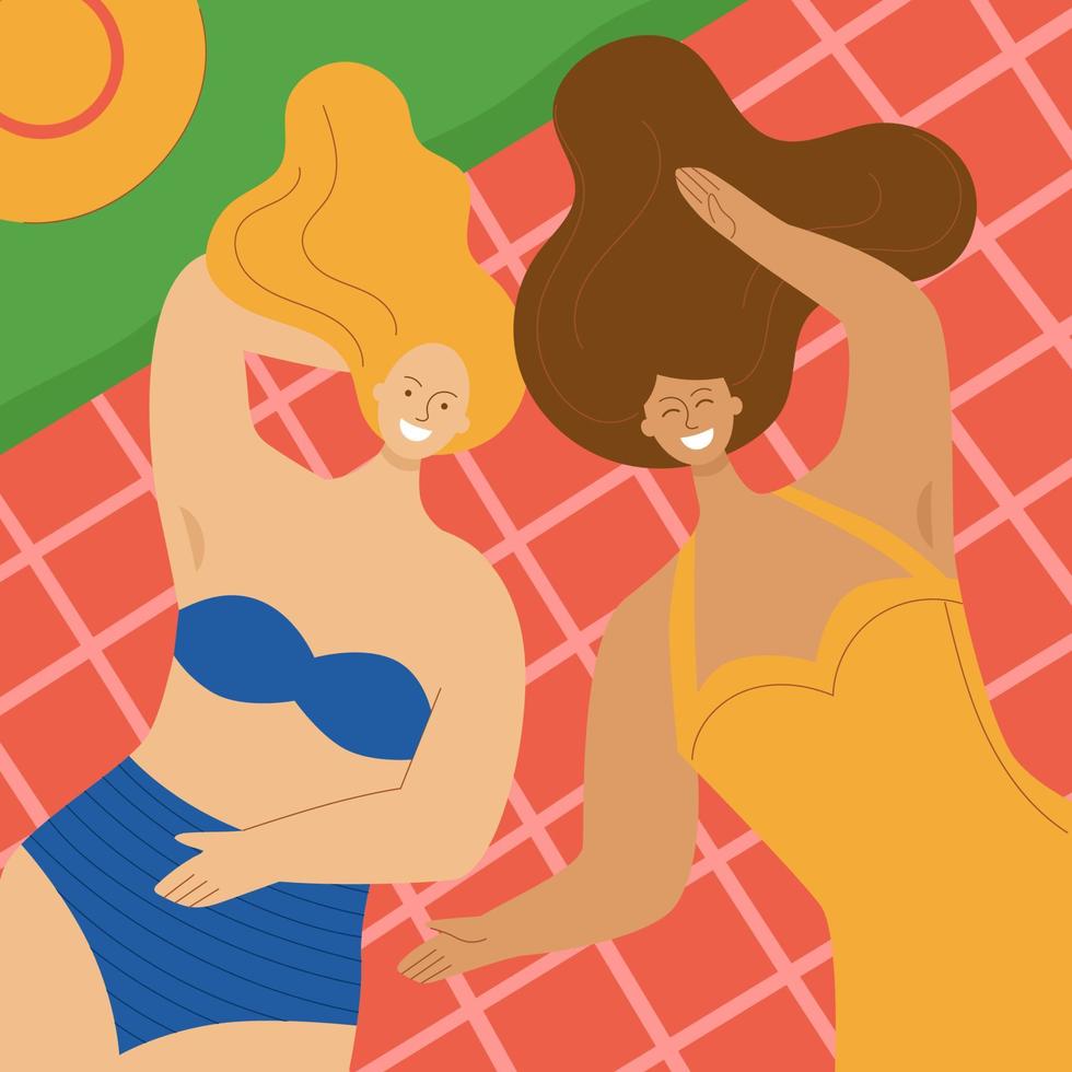 Two girls in swimsuits lie on the grass on a red plaid. Summer Picnic in the park or on the beach, sunbathing. Vacation concept. Friendship and laughter. Flat vector illustration.