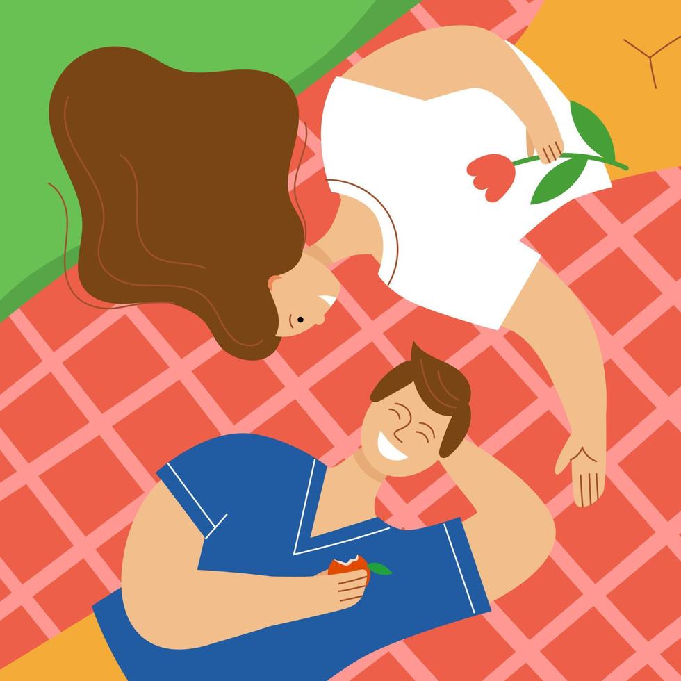 Loving couple having a picnic in the park. A man and a woman lie on a plaid and laughing. The concept of relaxing on a weekend in spring or summer. Flat color vector illustration.