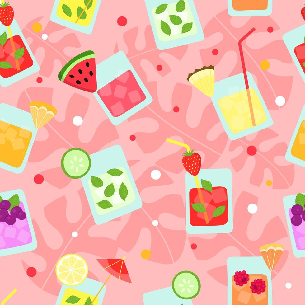 batidos de frutas tropicales de verano fresco de patrones sin fisuras. cócteles divertidos piña, fresa, sandía, pomelo, limón, pepino. bar de verano en la playa. ilustración vectorial hecha a mano de dibujos animados. vector