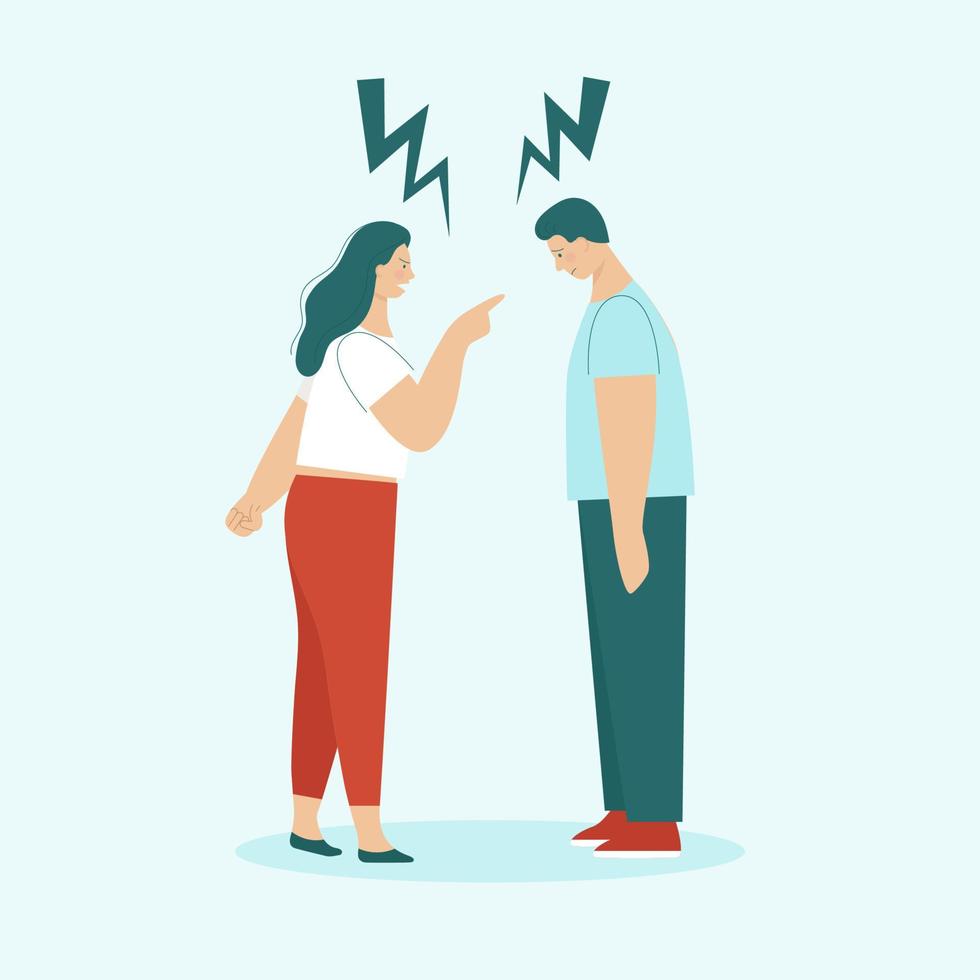 Adult man and woman quarrel. Concept of family conflicts, resentment, aggression, divorce. Husband and wife scream and swear. Flat vector illustration isolated.