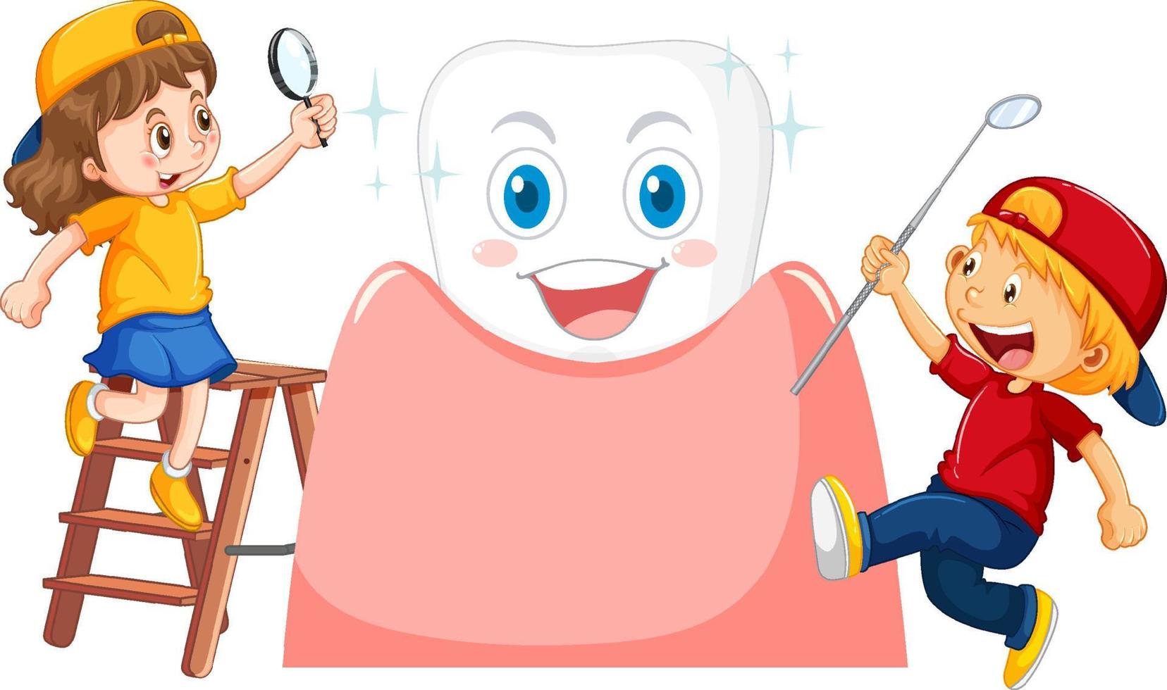 Happy kids checking tooth with a dental mirror on white background vector