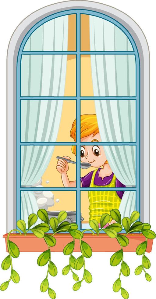View through the window of a woman cooking vector