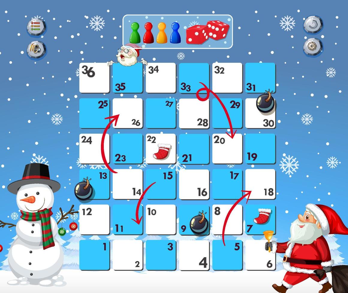 Snake and ladders game template in Christmas theme vector