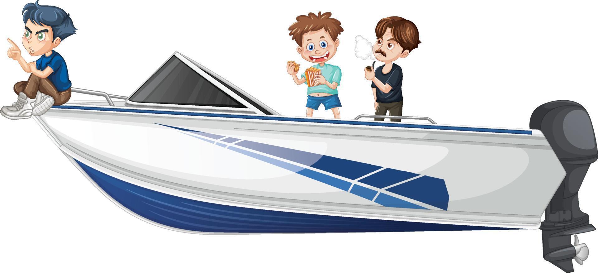 niño y niña de pie en un bote a toda velocidad sobre un fondo blanco vector