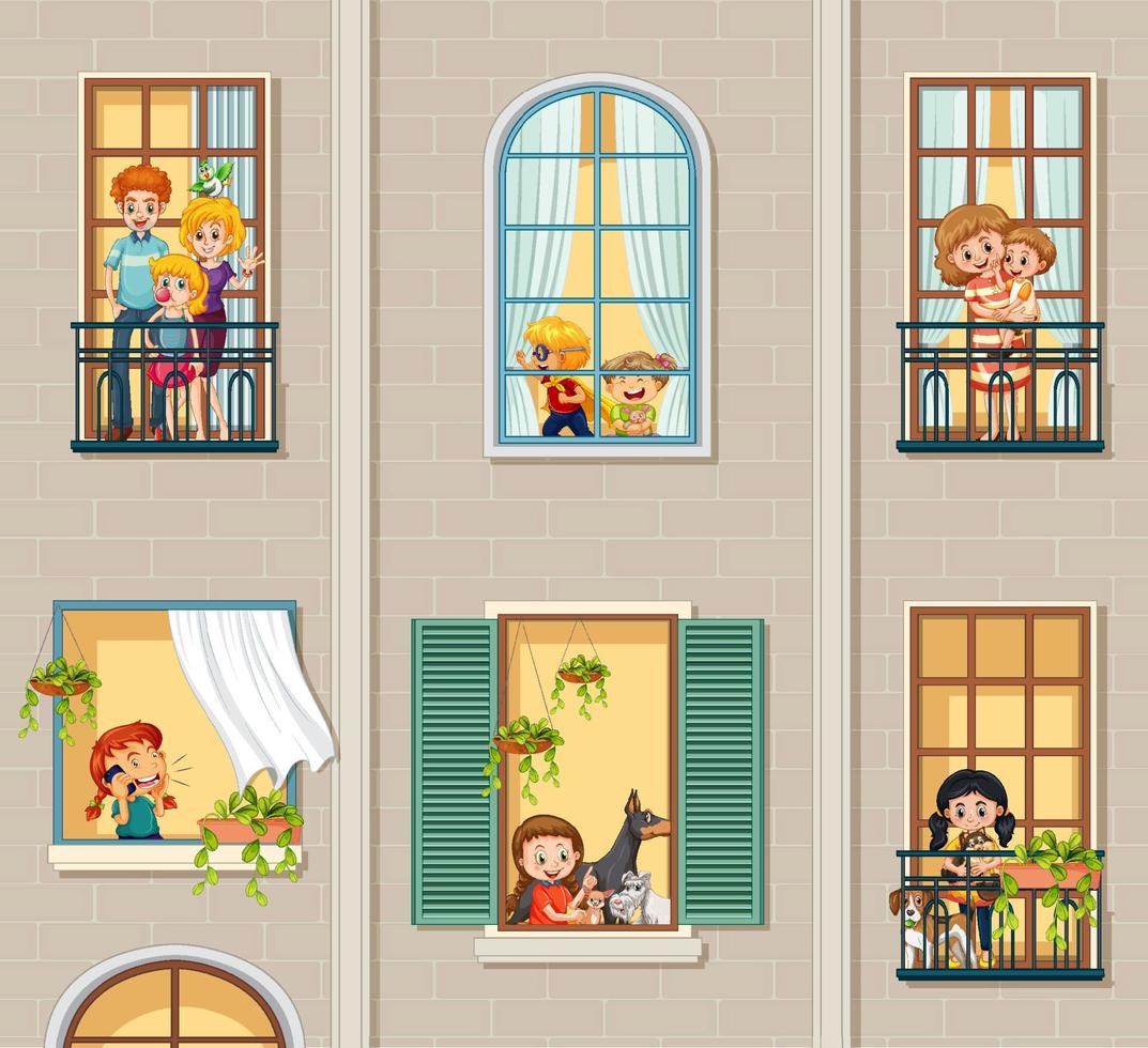 Apartment windows with neighbors cartoon character vector
