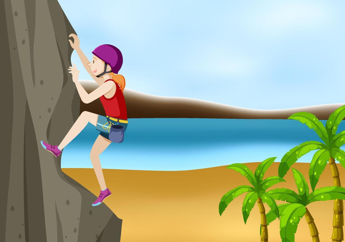 Rock climbing scene with woman climbing by the sea vector
