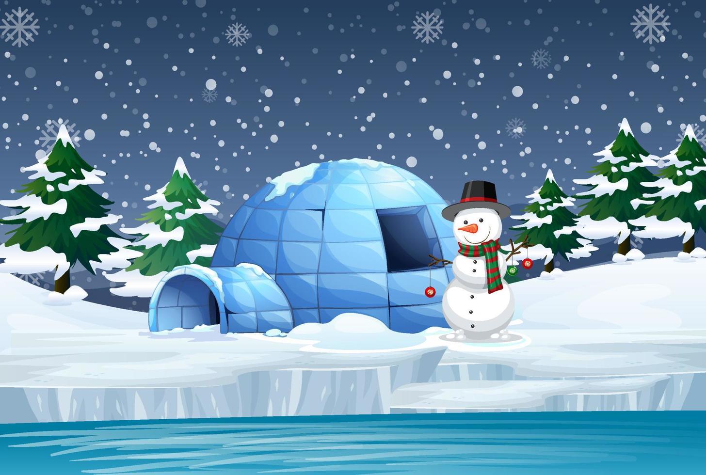 Snowy night with igloo and snowman vector