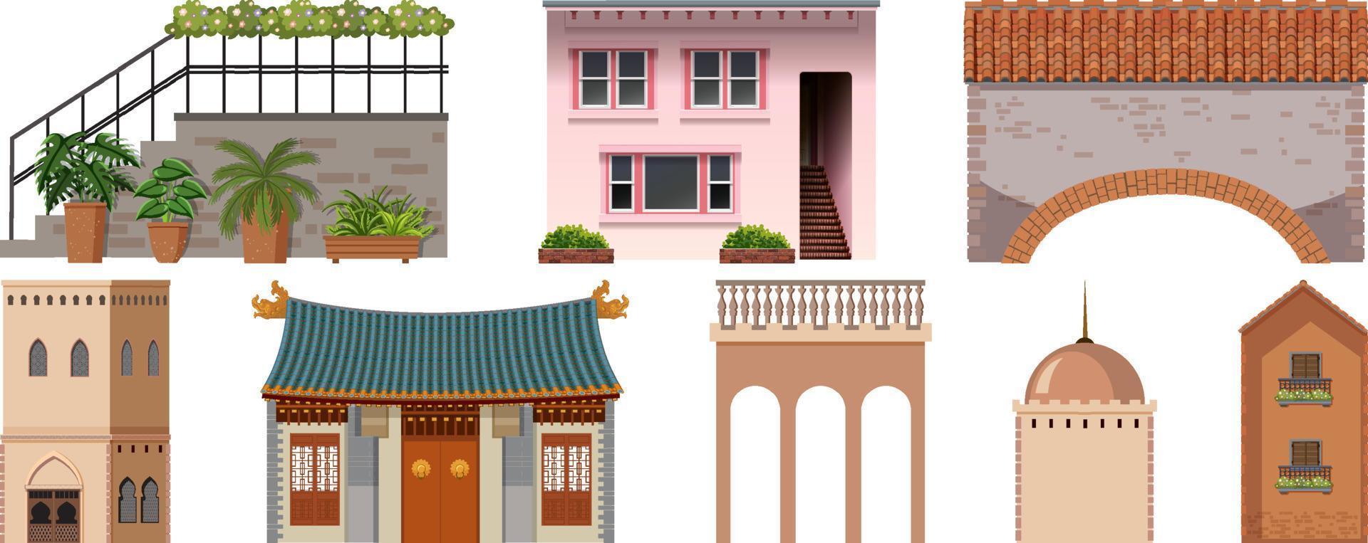 Different designs of buildings on white background vector