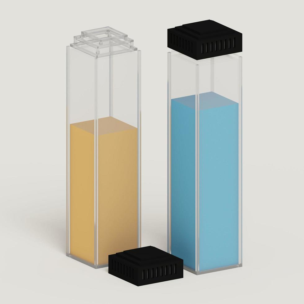 3D voxel rendering of plastic bottle with open cap and using yellow, black and blue color scheme. photo