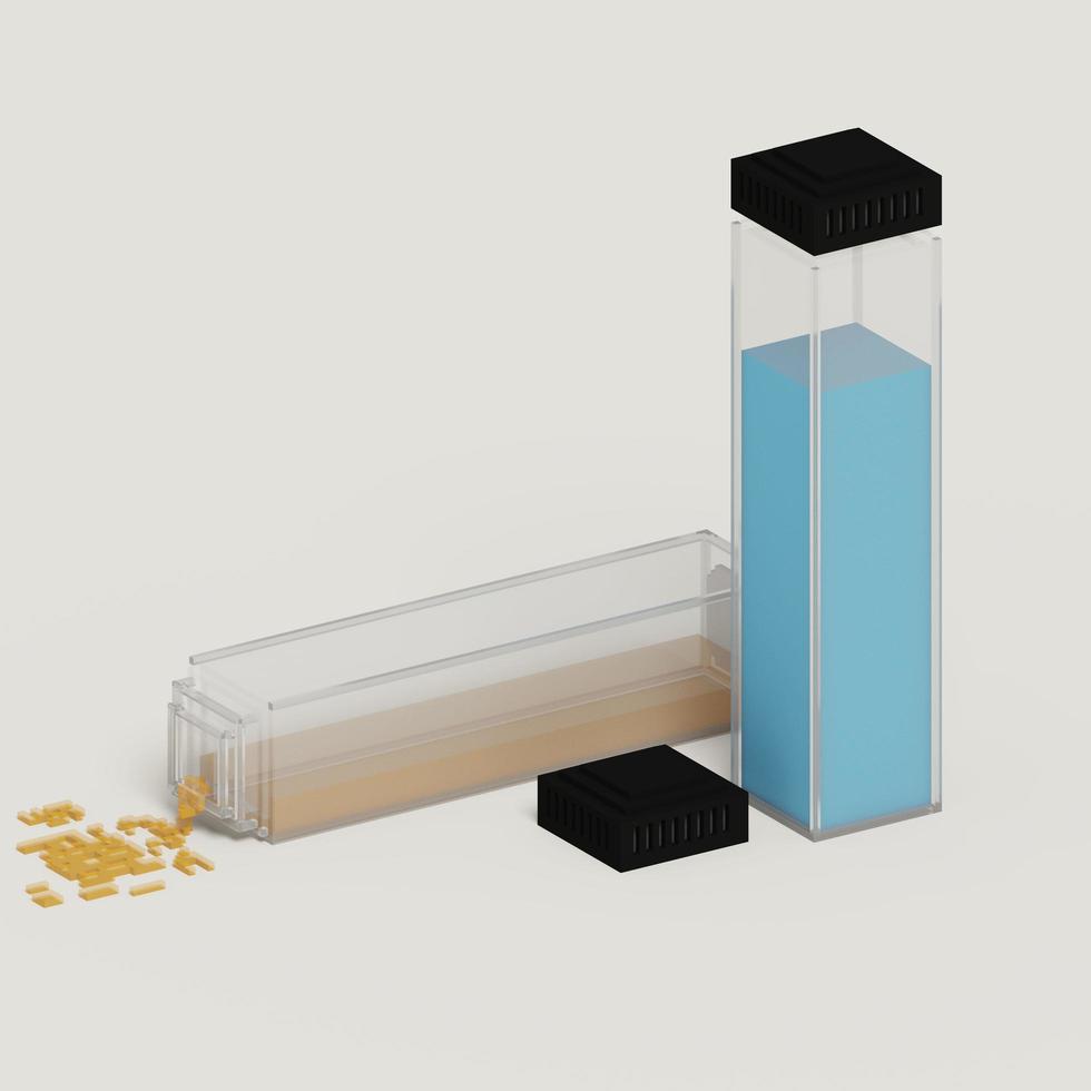 Representación 3d de voxel de botella de plástico con esquema de color amarillo, negro y azul. aislado sobre fondo gris. perfecto para muestra de producto o maqueta foto