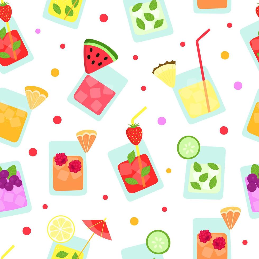 Fresh summer tropical fruit smoothies seamless pattern. Funny cocktails pineapple, strawberry, watermelon, grapefruit, lemon, cucumber. Summer bar on the beach. Cartoon handmade vector illustration.