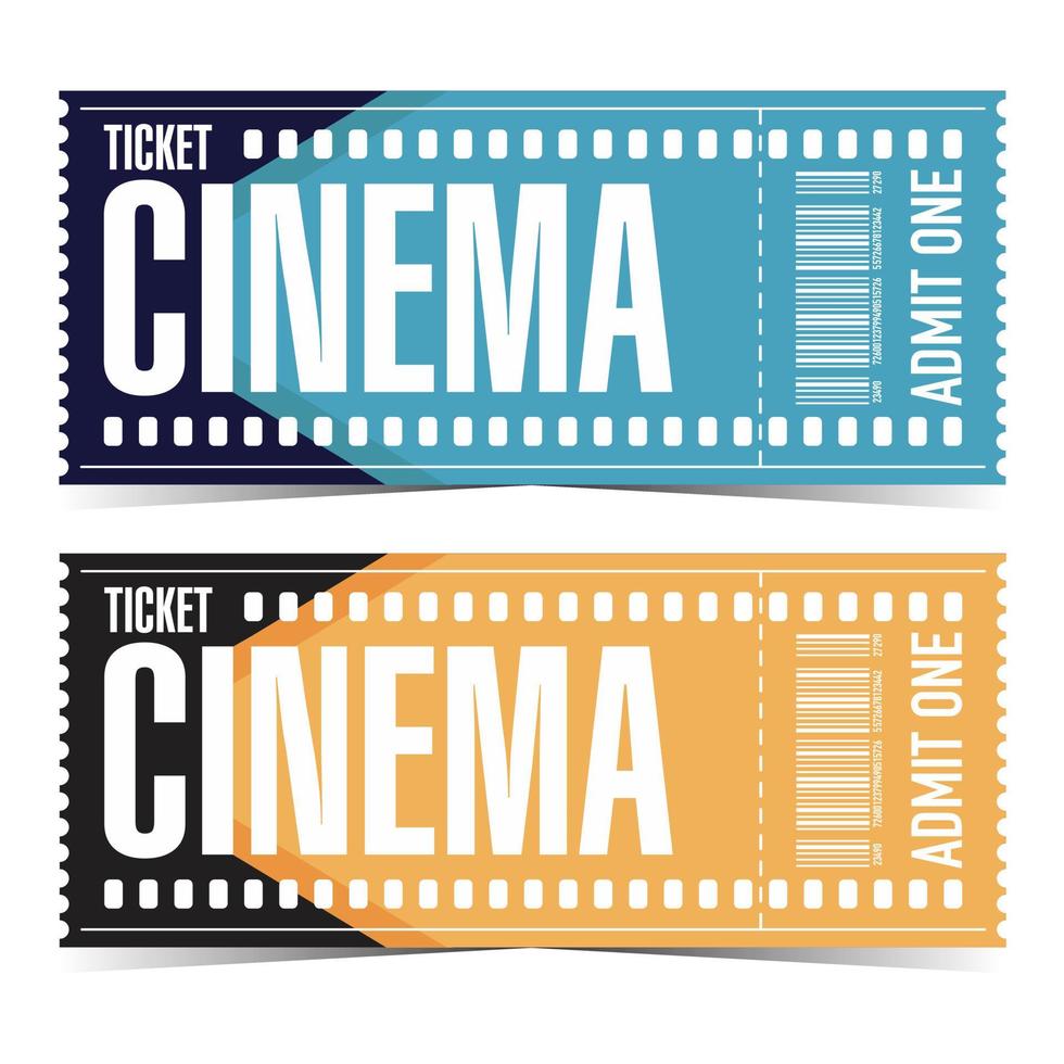 Cinema ticket in the form of a cinematographic film. Movie ticket with detachable part and bar code, in yellow, blue and black colours. Flat vector illustration.