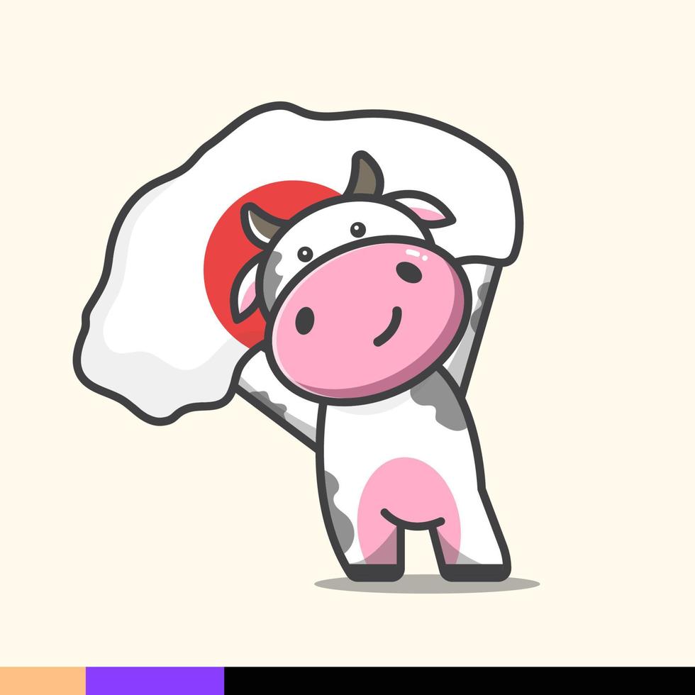 Cute cow illustration waving japanese flag vector