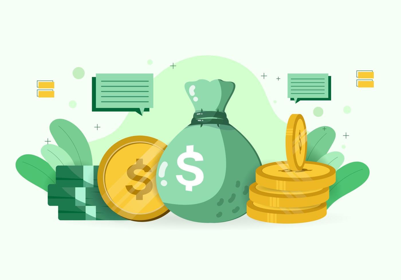 Flat illustration of dollar coins and a sack filled with dollar bills vector